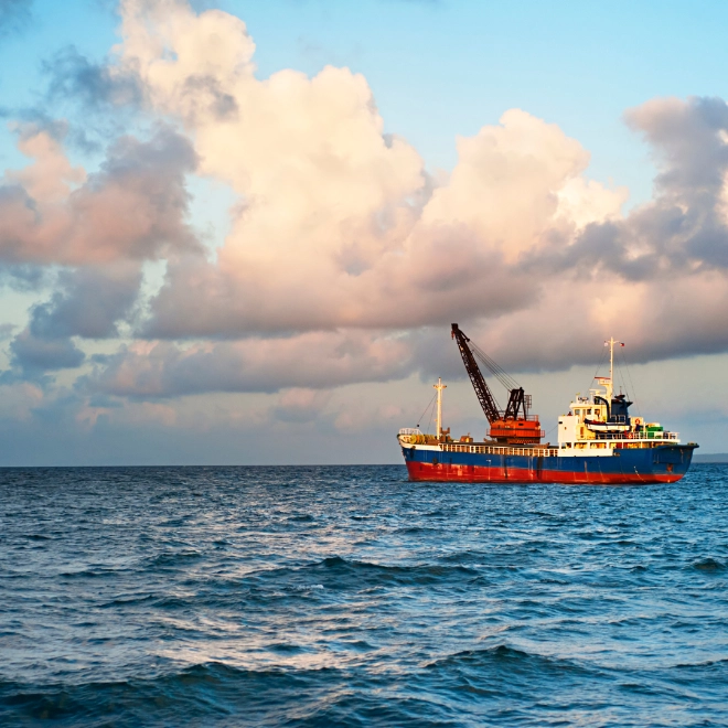 A large ship with a crane on its deck, floating on a calm ocean under a partly cloudy sky